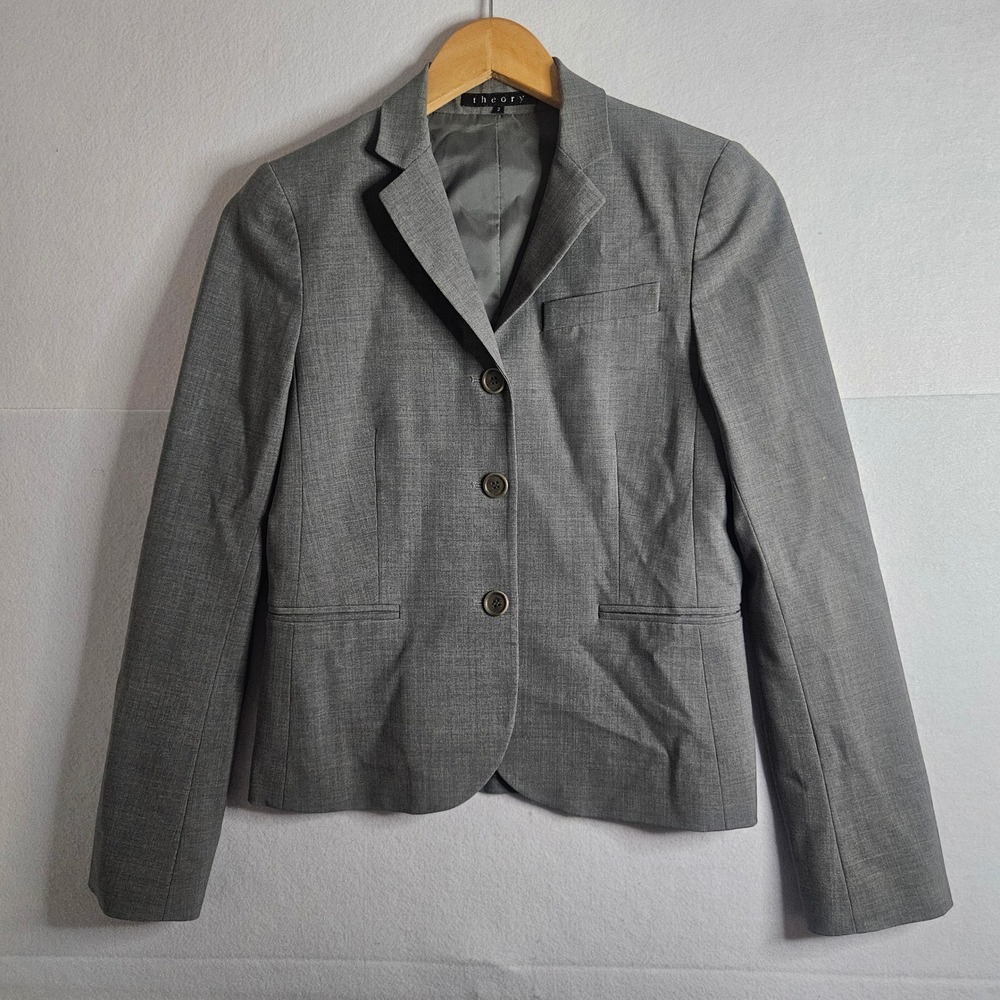 Theory Womens Gray Wool Blend 3-Button Tailored Blazer Jacket Size 2 Made in USA